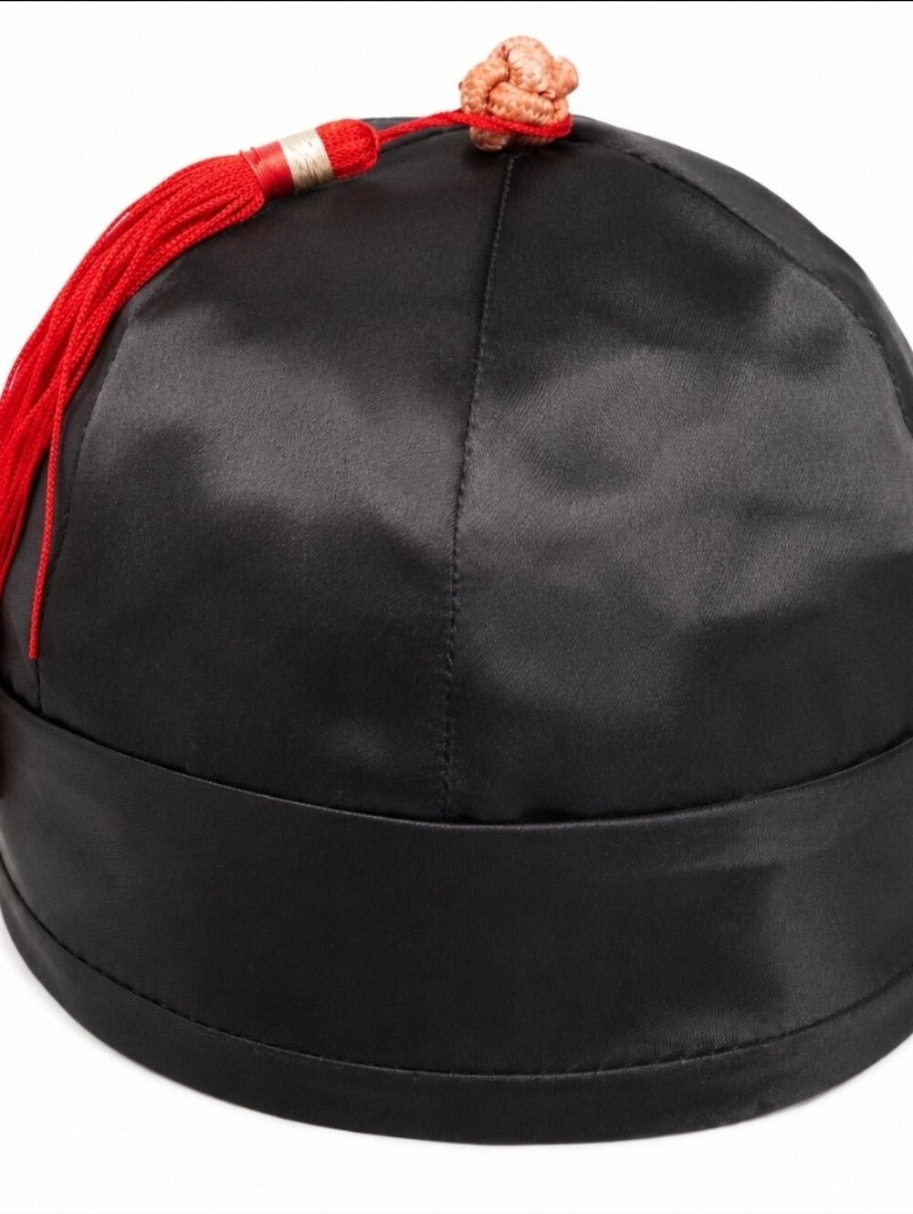Vintage Style Chinese Black Satin Skull Cap Red Tassel Traditional Hat